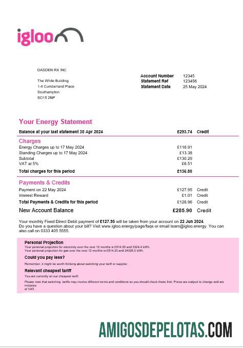 realista Modelo de fatura de serviços públicos de energia Igloo do Reino Unido em formatos Word e PDF